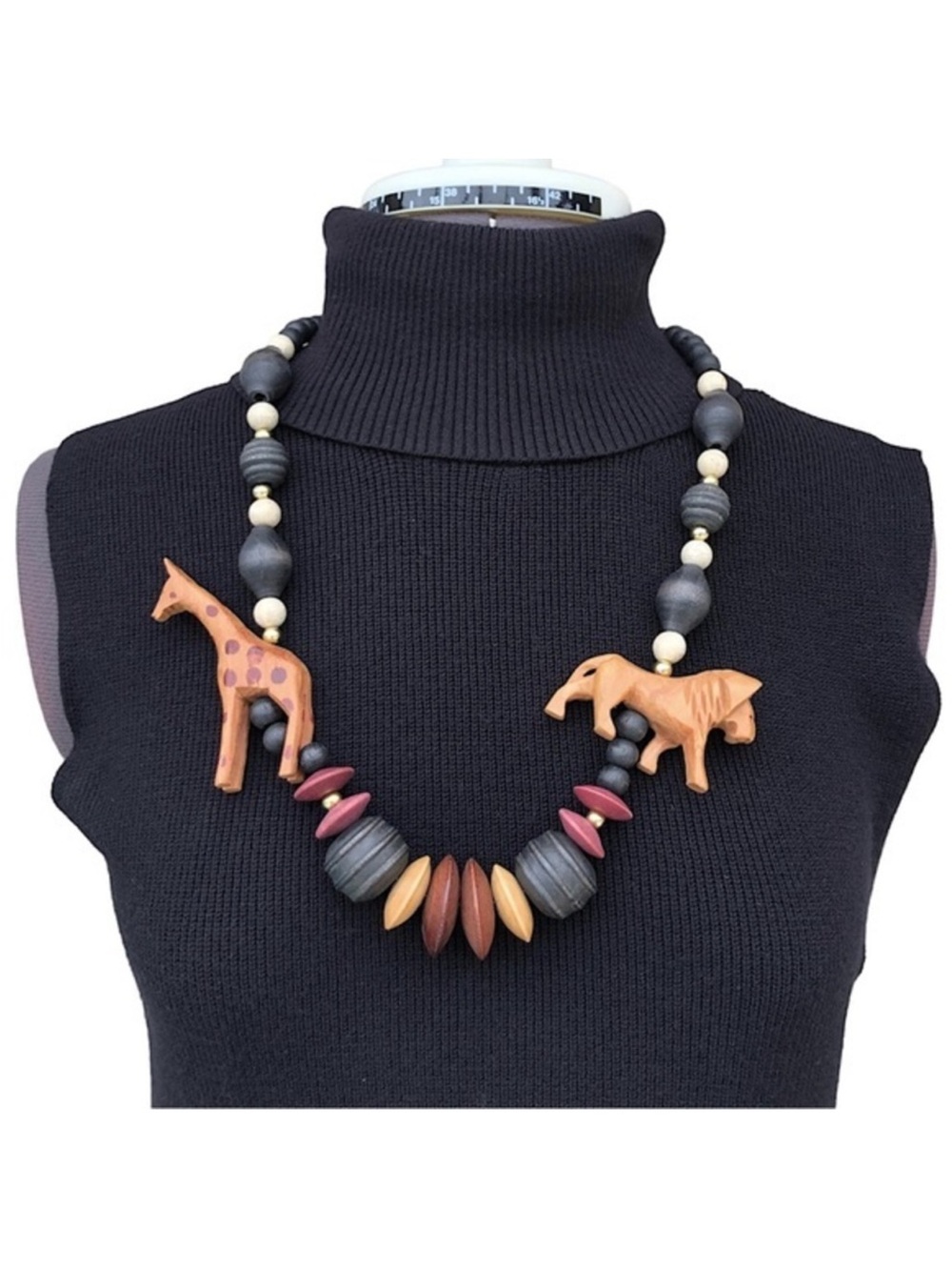Vintage Chunky Boho Carved Wood African Safari Black Brown Tan Necklace